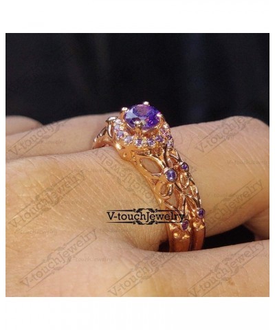 14K Rose Gold Plated 925 Sterling Silver Round Cut Purple Amethyst Engagement Wedding Tinkerbell Ring Set for Women's $28.70 ...