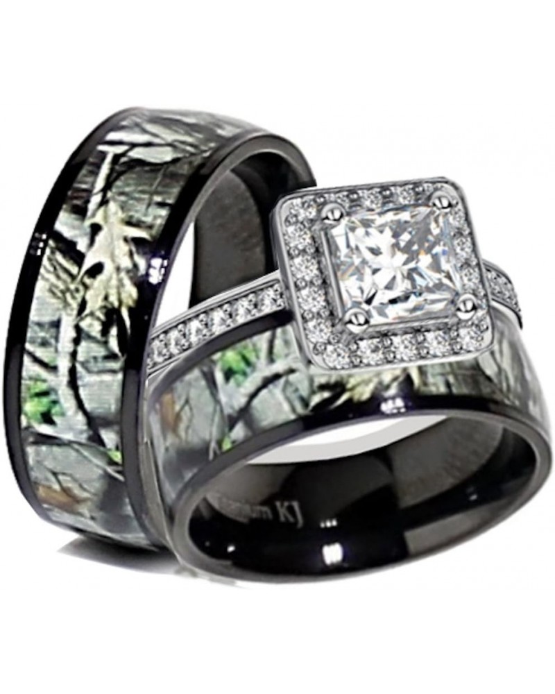 His & Her Black Titanium Camo Sterling Silver Halo Engagement Wedding Ring Set Size His 11, Hers 05 $29.20 Sets