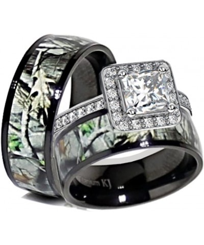 His & Her Black Titanium Camo Sterling Silver Halo Engagement Wedding Ring Set Size His 11, Hers 05 $29.20 Sets