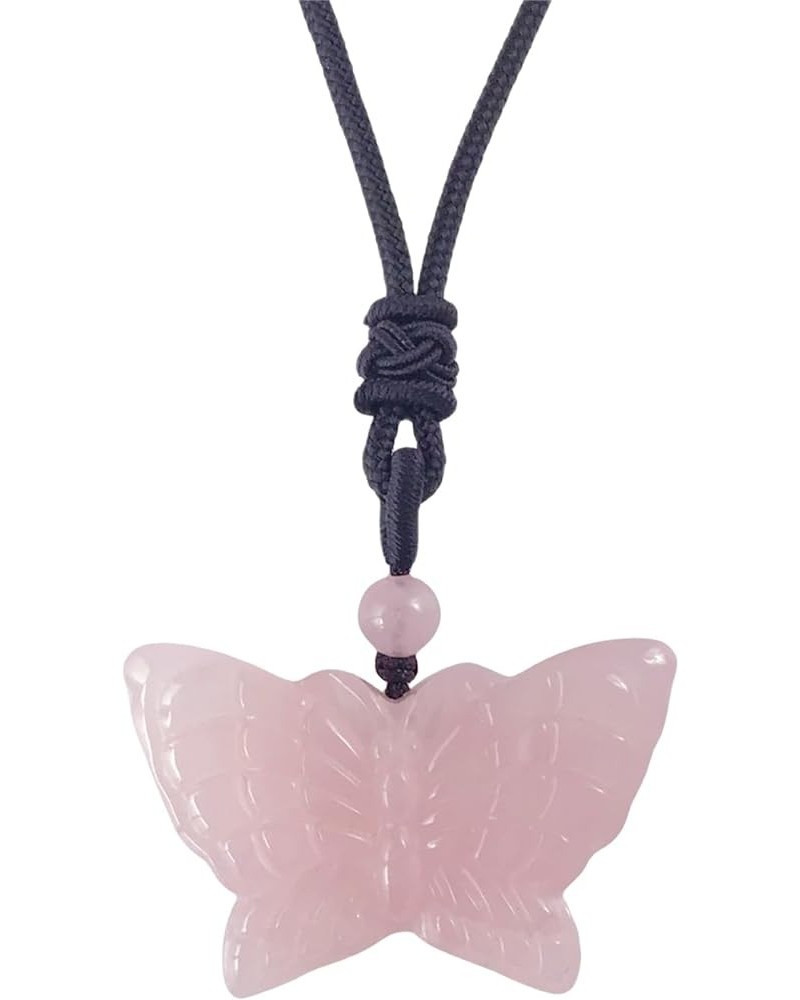 Natural Crystal Stone Pendant Necklace Adjustable Black Cord Carved Quartz Butterfly Necklace Pink $11.75 Necklaces