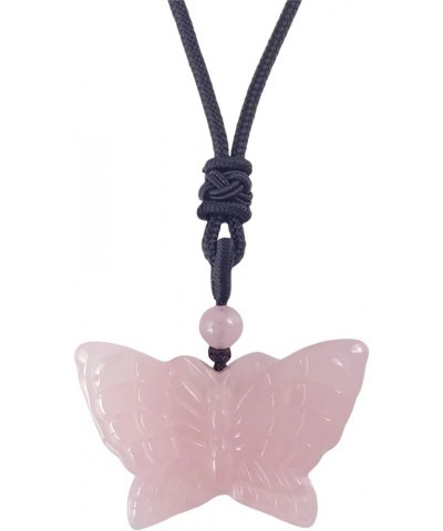 Natural Crystal Stone Pendant Necklace Adjustable Black Cord Carved Quartz Butterfly Necklace Pink $11.75 Necklaces