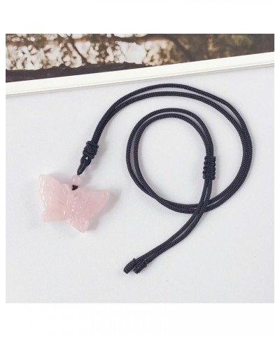 Natural Crystal Stone Pendant Necklace Adjustable Black Cord Carved Quartz Butterfly Necklace Pink $11.75 Necklaces