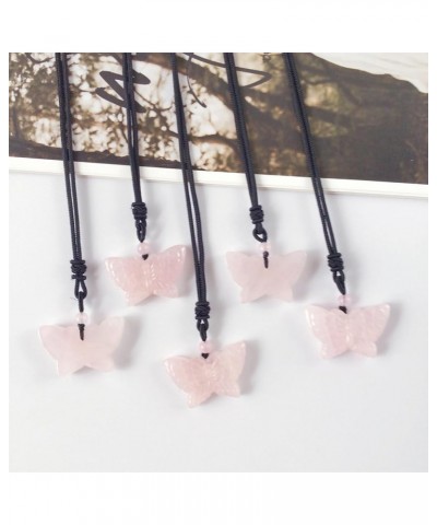 Natural Crystal Stone Pendant Necklace Adjustable Black Cord Carved Quartz Butterfly Necklace Pink $11.75 Necklaces