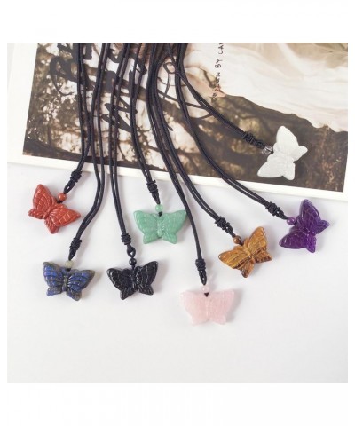 Natural Crystal Stone Pendant Necklace Adjustable Black Cord Carved Quartz Butterfly Necklace Pink $11.75 Necklaces