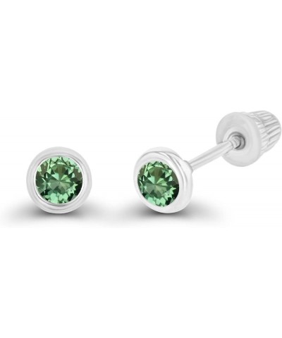 Solid 14K Gold Hypoallergenic 3mm Round Solitaire Genuine Birthstone Bezel Screw Back Stud Earrings Created Green Sapphire Wh...