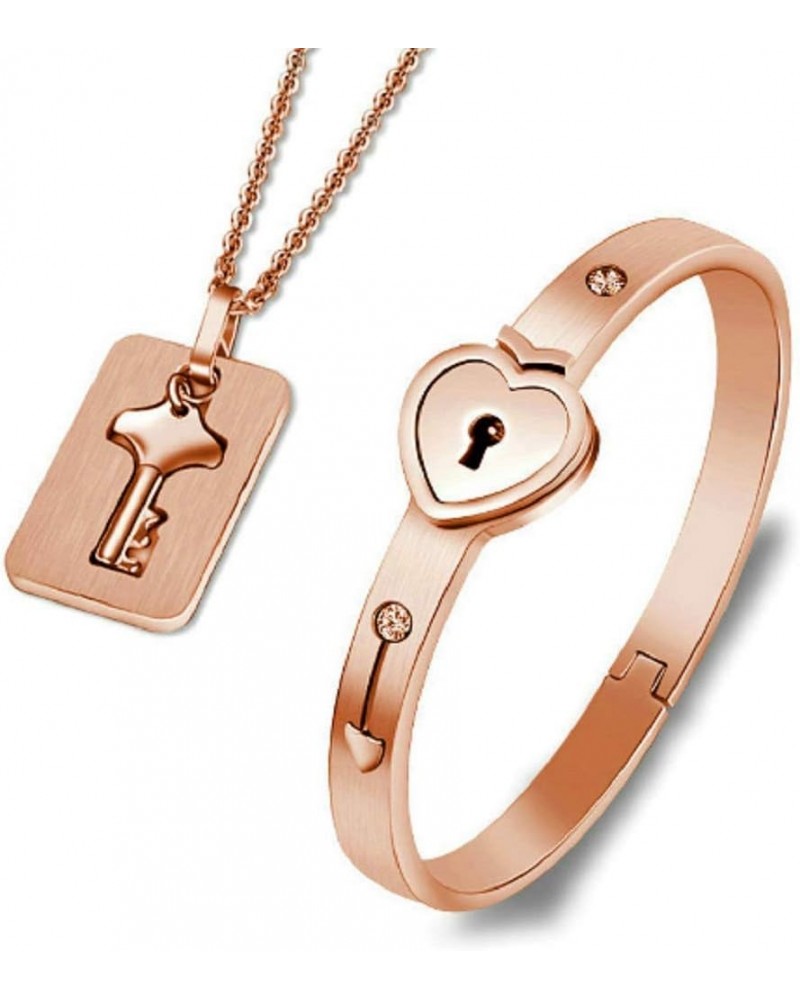 His and Hers Korean Style Rosegold Stainless Steel Hold The Key to My Heart Forever Lock Bangle Bracelet and Key Pendant Neck...