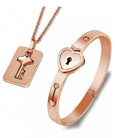 His and Hers Korean Style Rosegold Stainless Steel Hold The Key to My Heart Forever Lock Bangle Bracelet and Key Pendant Neck...