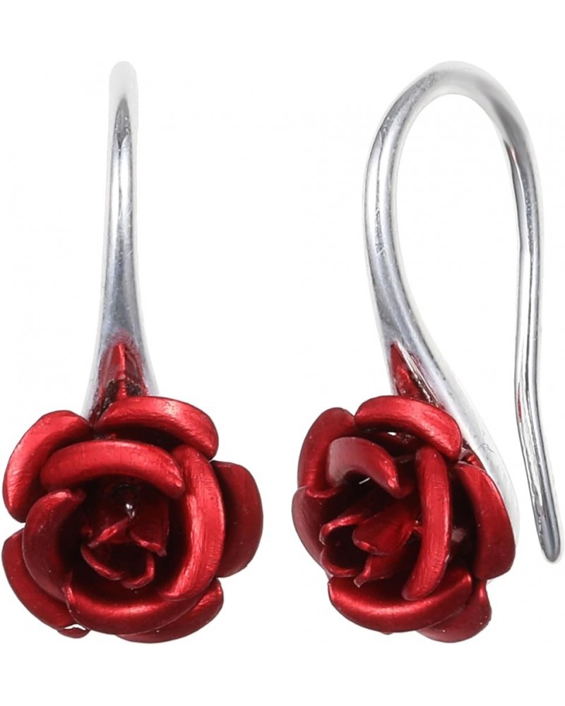 18K Gold Plated Realistic Blooming Rose Dangle Earrings for Women Multiple Colors,10mm Red-Silver $9.00 Earrings