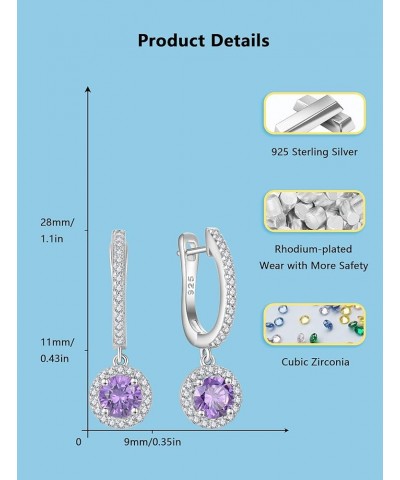 Huggie Drop Earrings for Women 925 Sterling Silver 6mm Round Cubic Zirconia Birthstone Gemstone Dangle Earring for Holidays G...