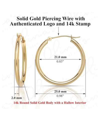 14k Yellow Gold Bright Polished Hoop Earrings (12-50x2.0mm), Piercing to Lobe, Upper-Lobe for a Woman, Man, or Teens 25mm(1.0...