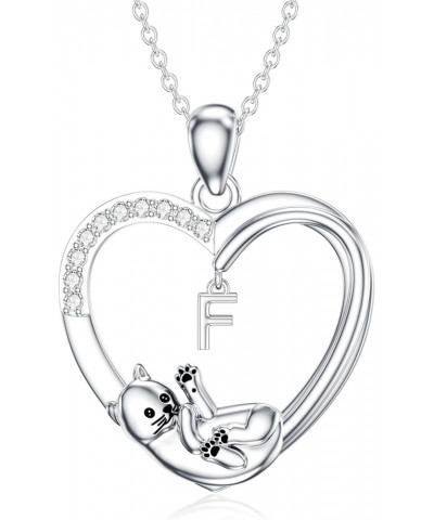 Cat Heart Necklace with Initial Silver Cat Initial Necklace 26 Alphabets Cat Jewelry Gift for Women Girls F $29.28 Necklaces