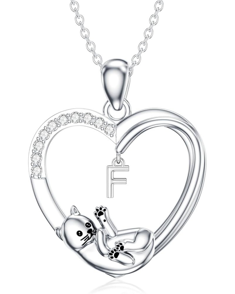 Cat Heart Necklace with Initial Silver Cat Initial Necklace 26 Alphabets Cat Jewelry Gift for Women Girls F $29.28 Necklaces