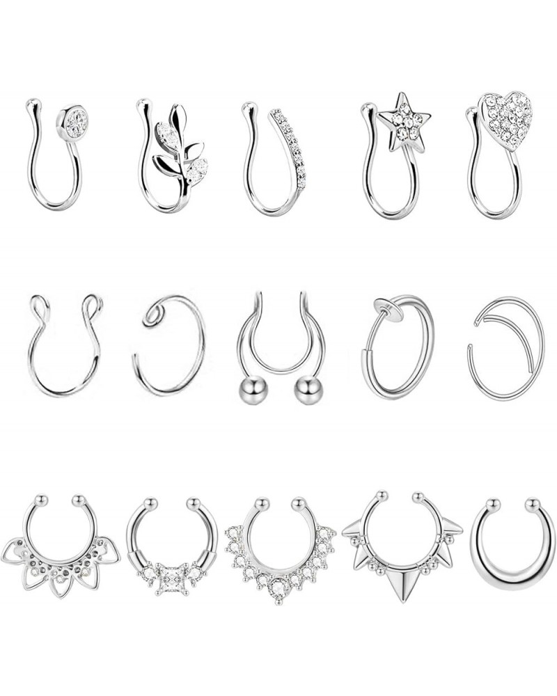 15 Pcs Stainless Steel Fake Nose Ring Hoop for Men Women Faux Septum Piercing Ring Fake Nose Cuff Silver-tone $8.39 Body Jewelry