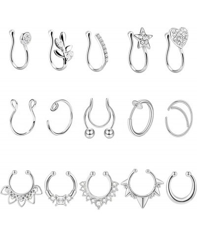 15 Pcs Stainless Steel Fake Nose Ring Hoop for Men Women Faux Septum Piercing Ring Fake Nose Cuff Silver-tone $8.39 Body Jewelry