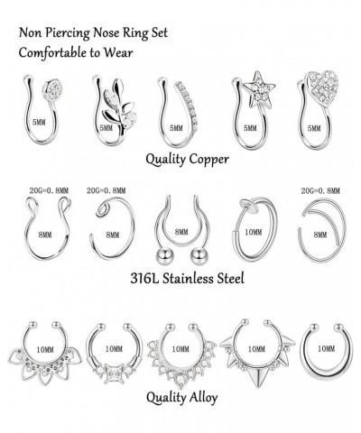 15 Pcs Stainless Steel Fake Nose Ring Hoop for Men Women Faux Septum Piercing Ring Fake Nose Cuff Silver-tone $8.39 Body Jewelry