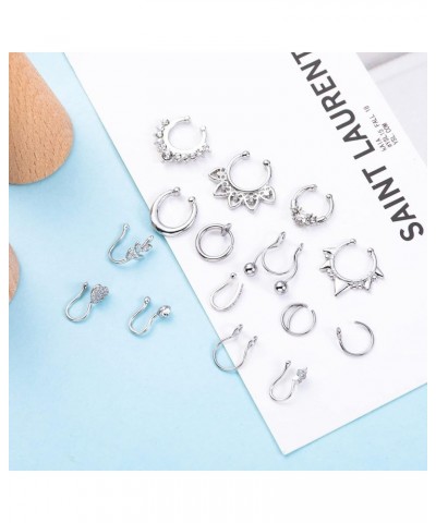 15 Pcs Stainless Steel Fake Nose Ring Hoop for Men Women Faux Septum Piercing Ring Fake Nose Cuff Silver-tone $8.39 Body Jewelry