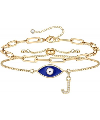 Gold Evil Eye Bracelets for Women, 14K Gold Plated Dainty Layering Paperclip Initial Bracelet Protection Evil Eye Jewelry Lay...