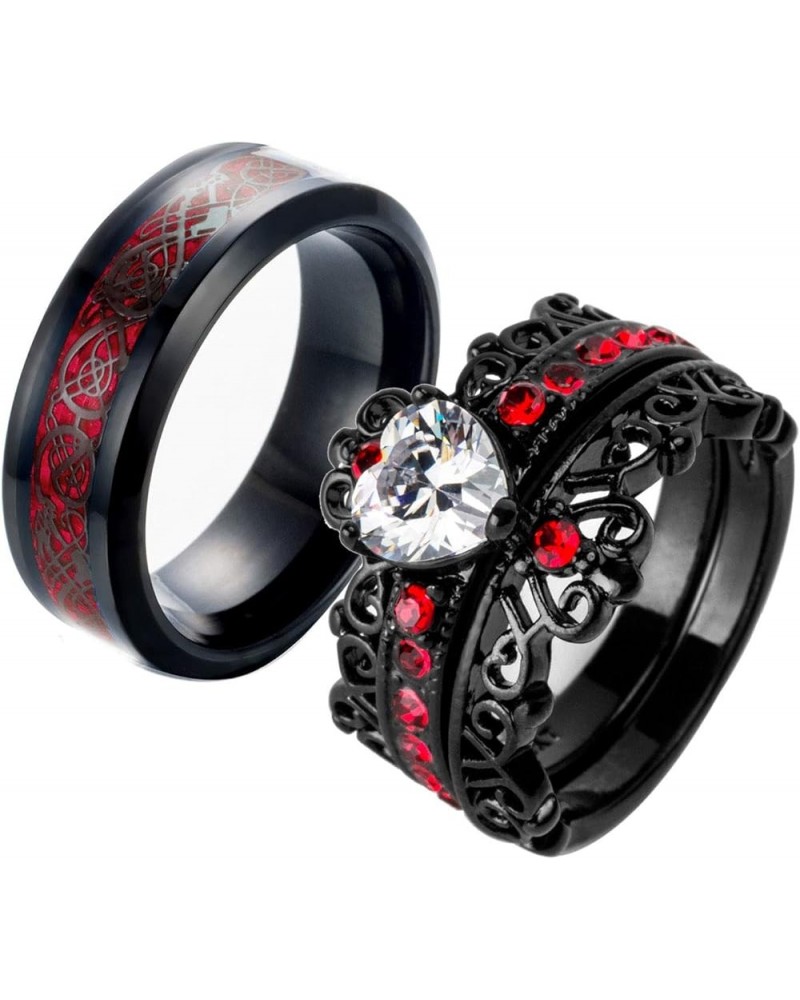 Couple Rings Black Plated Heart Red Cz Womens Wedding Ring Sets Crown Ring Titanium Man Wedding Bands（Please Buy 2 Rings for ...