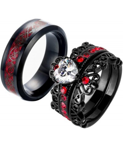 Couple Rings Black Plated Heart Red Cz Womens Wedding Ring Sets Crown Ring Titanium Man Wedding Bands（Please Buy 2 Rings for ...