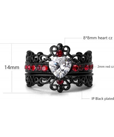 Couple Rings Black Plated Heart Red Cz Womens Wedding Ring Sets Crown Ring Titanium Man Wedding Bands（Please Buy 2 Rings for ...