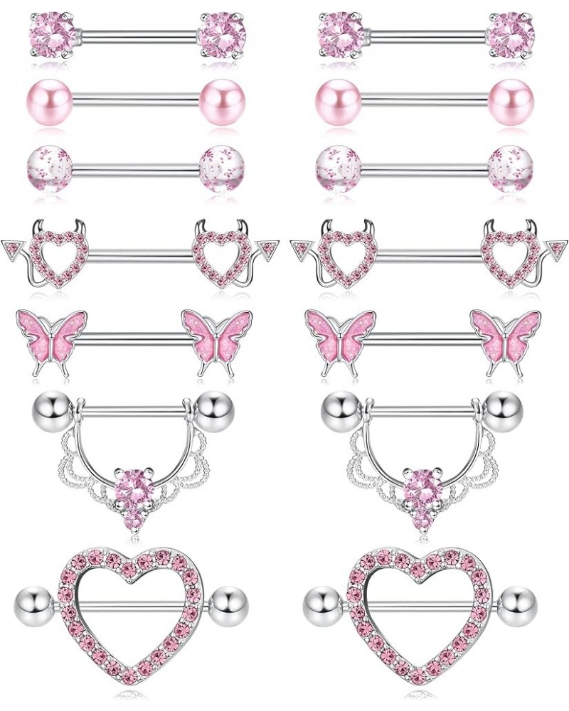 Surgical Steel Nipple Rings for Women 14G Nipple Piercing Jewelry CZ Heart Butterfly Nipple Rings Set Barbell Body Piercing J...