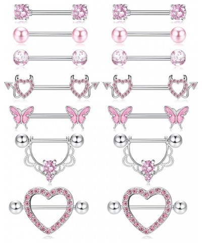 Surgical Steel Nipple Rings for Women 14G Nipple Piercing Jewelry CZ Heart Butterfly Nipple Rings Set Barbell Body Piercing J...