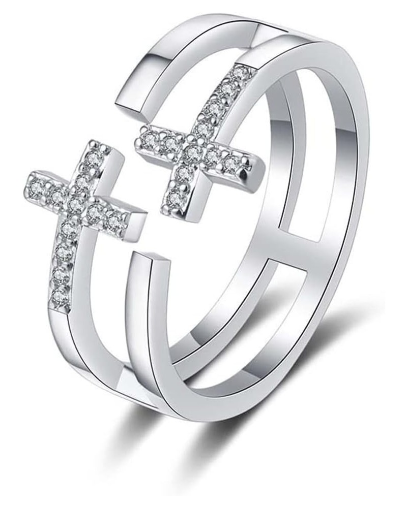 Christian Rhinestone Double Cross Ring Creative Wedding Commitment Ring for Woman Silver-03 $7.79 Rings