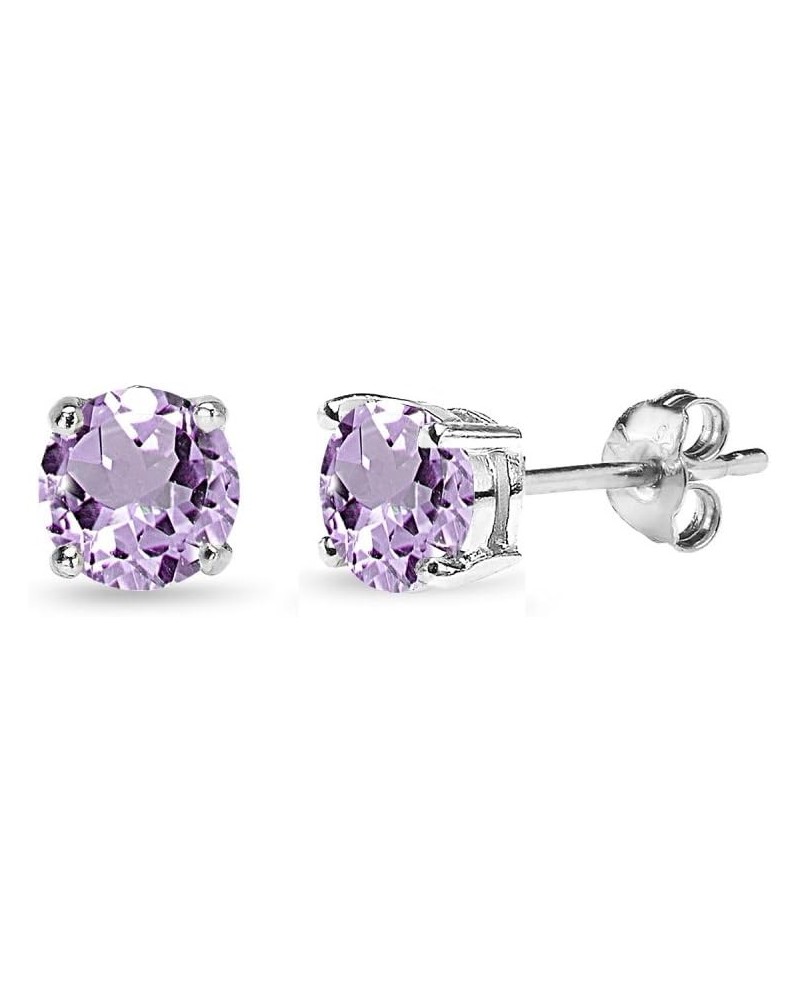 Earrings for Women Sterling Silver Trendy 4mm, 5mm, 7mm, 8mm Solitaire Purple Stud Round Genuine Amethyst Studs for Girls Tee...