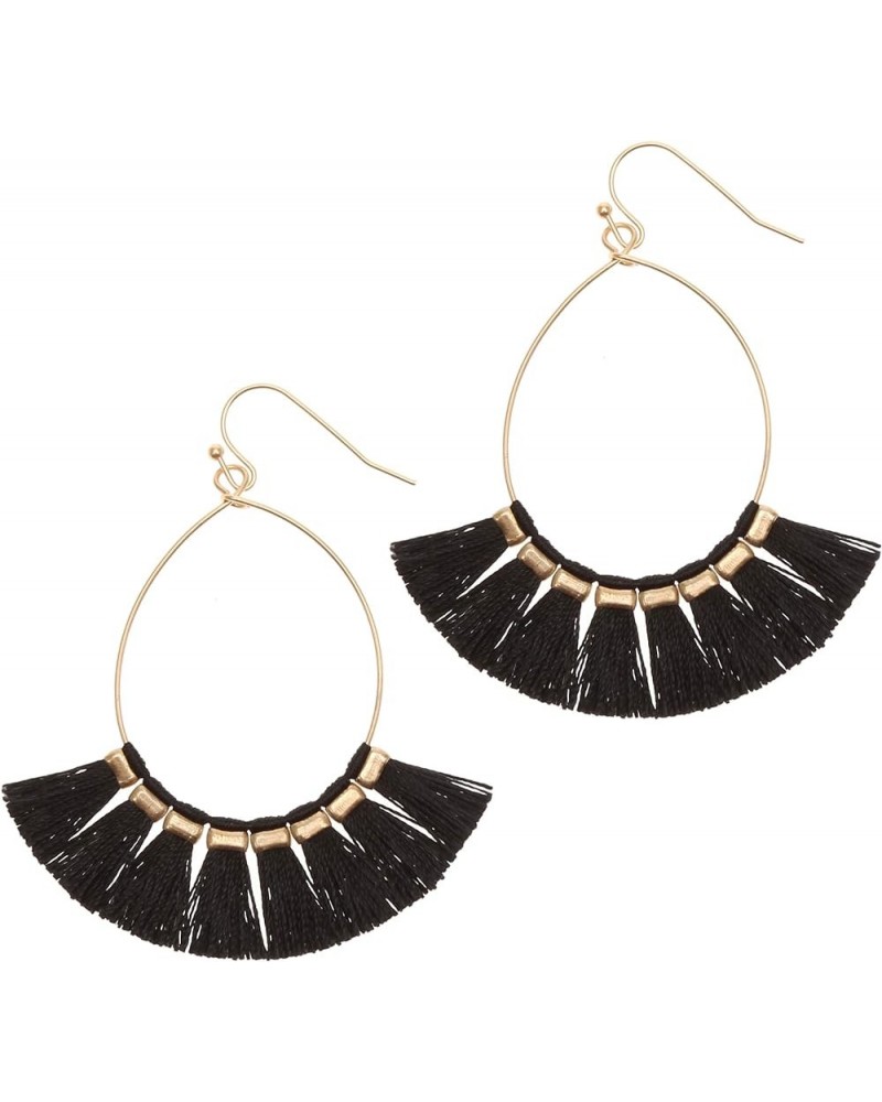 Women's Lightweight Fine Thread Fan Shape Bohemia Tassel Fish Hook Dangle Drop Earrings Jet Black $10.44 Earrings