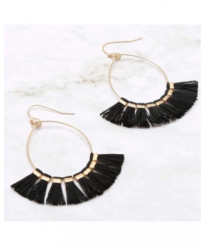 Women's Lightweight Fine Thread Fan Shape Bohemia Tassel Fish Hook Dangle Drop Earrings Jet Black $10.44 Earrings