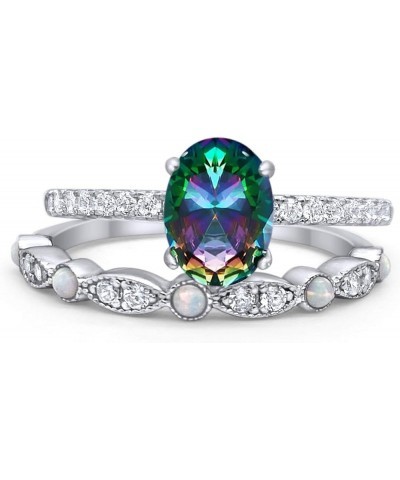 Two Piece Oval Art Deco Bridal Set Wedding Engagement Ring Band 925 Sterling Silver Simulated Rainbow CZ $17.28 Sets