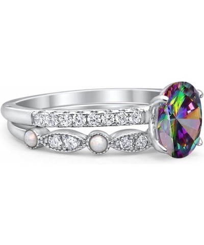 Two Piece Oval Art Deco Bridal Set Wedding Engagement Ring Band 925 Sterling Silver Simulated Rainbow CZ $17.28 Sets