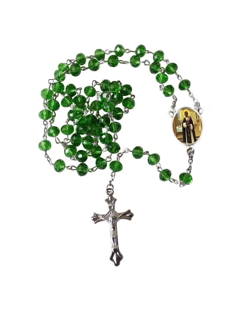 Saint Martin de Porres Patron of Those of Mixed Race Green Quartz Cristal Faceted Rondelle 8mm Beads Rosary with Silver Plate...