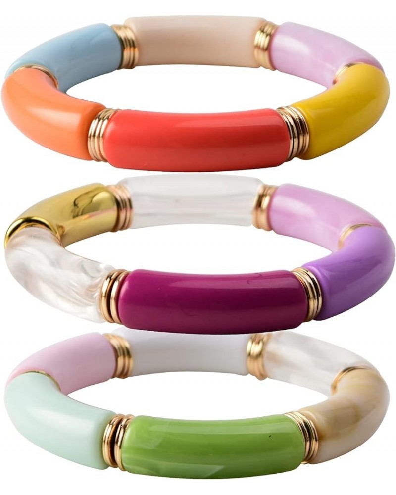 Bamboo Tube Bangles Bracelet Chunky Curved Stacking Clear Acrylic Colorful Beads Stretchable Friendship Gold Bracelets Gift F...