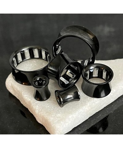 PAIR of Black Ion Plated Steel Saddle Tunnels with Inner Square Clear & Black Gems Double Flare Plugs Gauges 3/4" (19mm) $10....