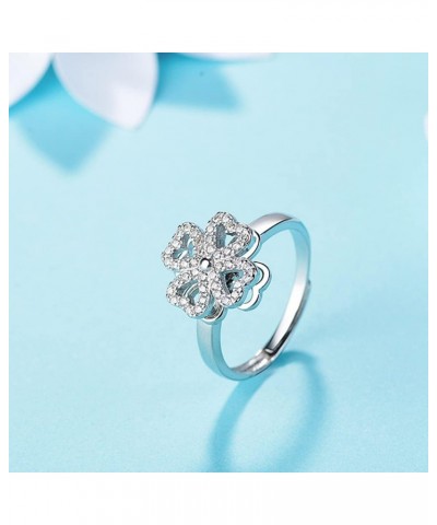 Four-Leaf Clover Spinner Rings Anxiety Fidget Ring for Anxiety Sterling Silver Plated Cubic Zirconia Flower Ring Relieving St...