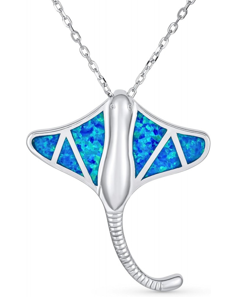 Large Nautical Ocean Blue Created Opal Inlay Stingray Pendant Necklace For Women .925 Sterling Silver $24.35 Necklaces