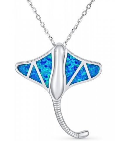 Large Nautical Ocean Blue Created Opal Inlay Stingray Pendant Necklace For Women .925 Sterling Silver $24.35 Necklaces