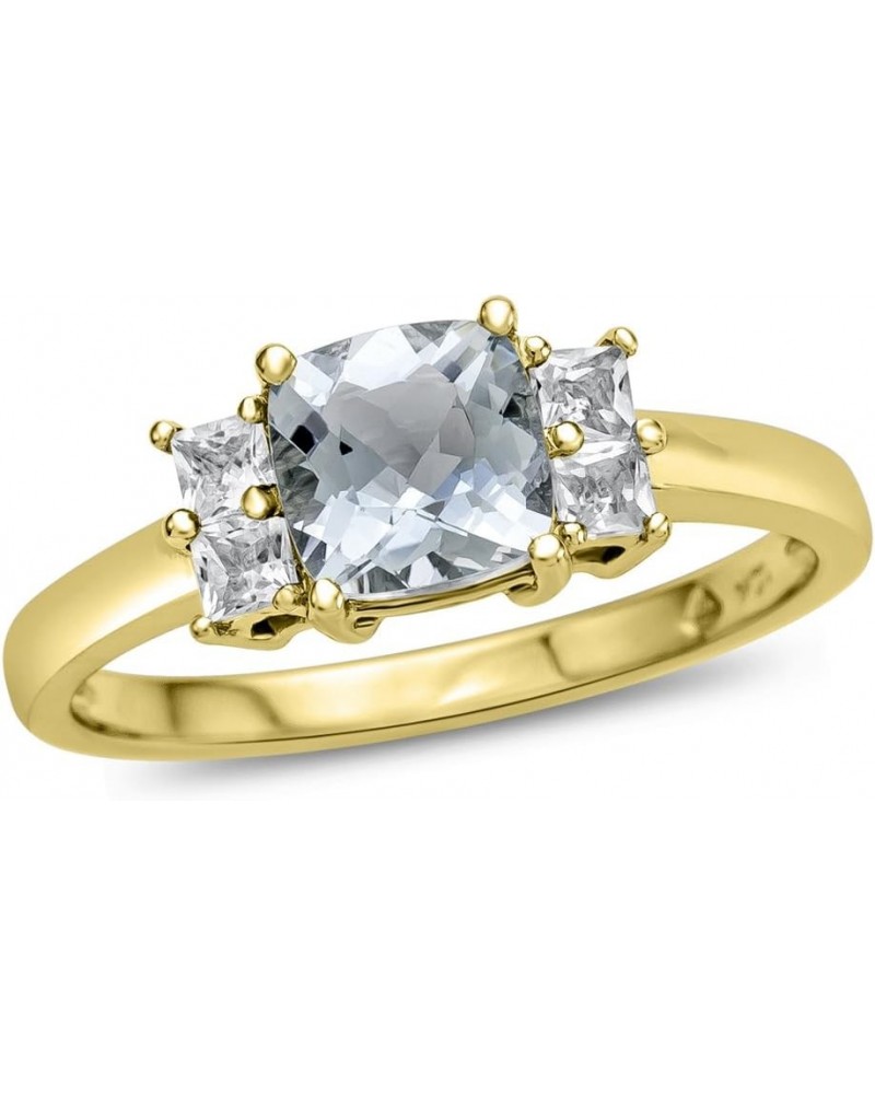 Solid 10k White, Yellow Gold or 6x6mm Cushion-Cut Center Stone with Side White Topaz Ri Aquamarine (Yellow Gold) $113.74 Rings