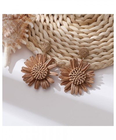 Boho Raffia Flower Earrings - Cute Sunflower Raffia Rattan Drop Earrings for Women Girls - Trendy Spring Summer Beach Vacatio...