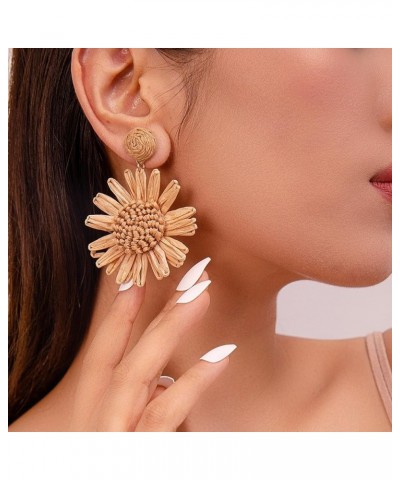 Boho Raffia Flower Earrings - Cute Sunflower Raffia Rattan Drop Earrings for Women Girls - Trendy Spring Summer Beach Vacatio...