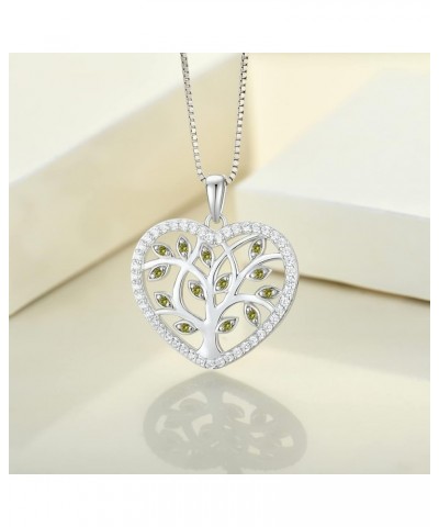 Tree Necklace 925 Sterling Silver Cubic Zirconia Heart Tree of Life Pendant Family Giving Jewelry for Women 08-peridot-Aug $2...