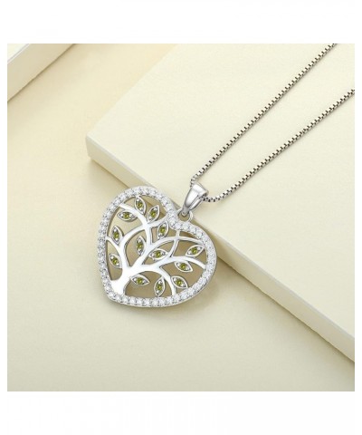 Tree Necklace 925 Sterling Silver Cubic Zirconia Heart Tree of Life Pendant Family Giving Jewelry for Women 08-peridot-Aug $2...