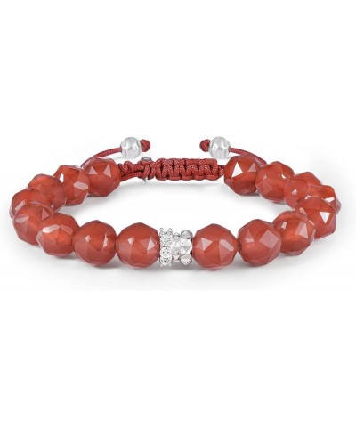 Women's Natural Gemstones Beaded Bracelet with Sterling Silver Centre Charm (8mm Gemstone), 5.1''-6.7'' Red Agate L(Wrist Siz...