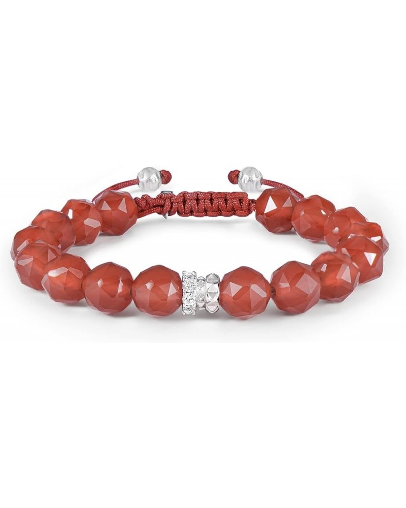 Women's Natural Gemstones Beaded Bracelet with Sterling Silver Centre Charm (8mm Gemstone), 5.1''-6.7'' Red Agate L(Wrist Siz...