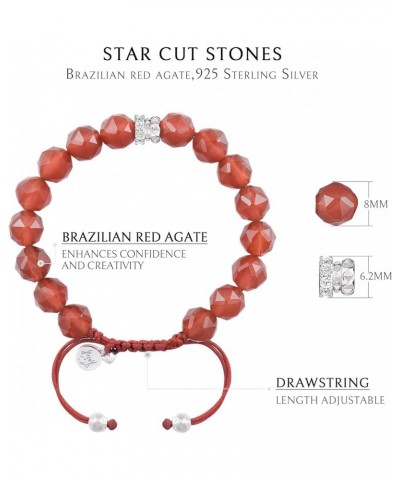 Women's Natural Gemstones Beaded Bracelet with Sterling Silver Centre Charm (8mm Gemstone), 5.1''-6.7'' Red Agate L(Wrist Siz...