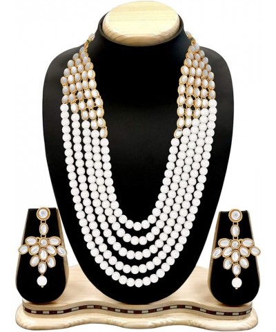 Multi Layered Faux Kundan Beaded Necklace Earrings Maang Tikka Indian Ethnic Bollywood Jewelry Set for Women White-7 $15.98 J...