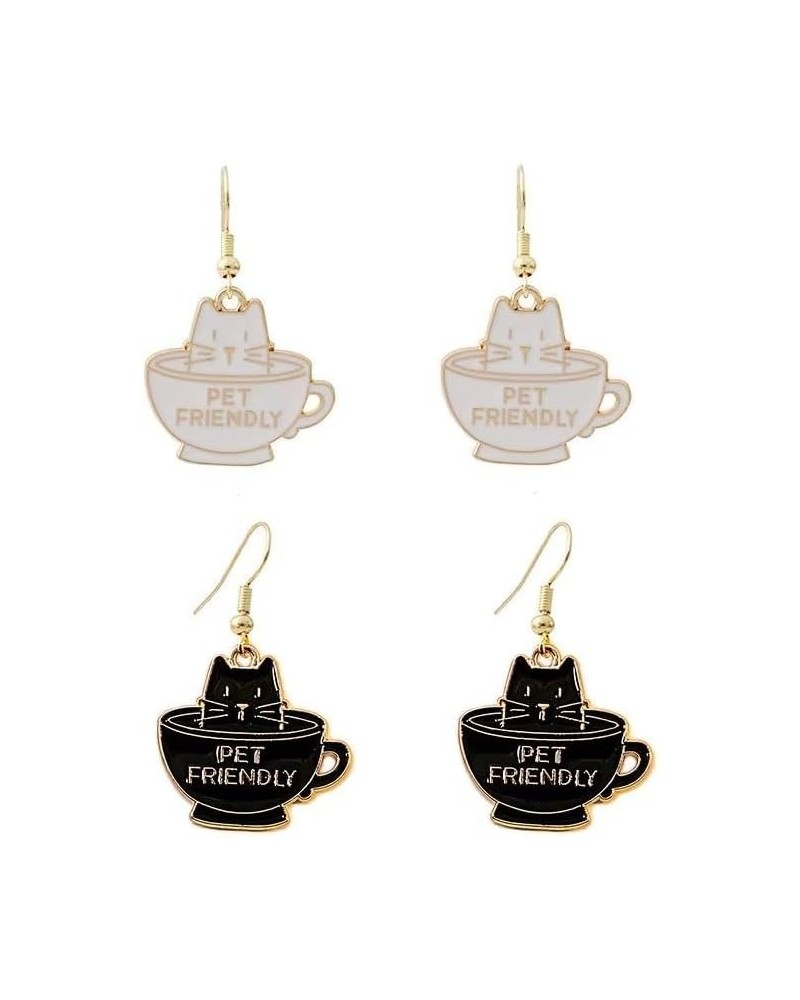 2pairs Kawaii Cute Little Cat Earrings Cartoon Black White Cat Earrings Teacup Sweet Cat Book Earrings Earrings For Women Gir...