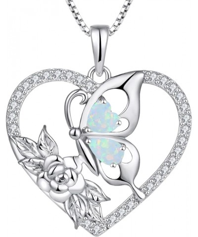 Women's Butterfly Necklace 925 Sterling Silver Flower Rose Pendant Birthstone Halo Jewelry 0-opal $26.00 Necklaces