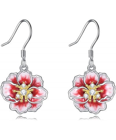 Peony/Cherry Flower Earrings Sterling Silver Pink Enamel Flower Dangle Drop Earrings Jewelry Gifts for Women Girls Pink-Peony...